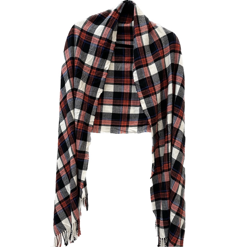 Blanket Scarf Tartan Plaid Fringe Black Red White Blue Soft Oversized 72” X 25”